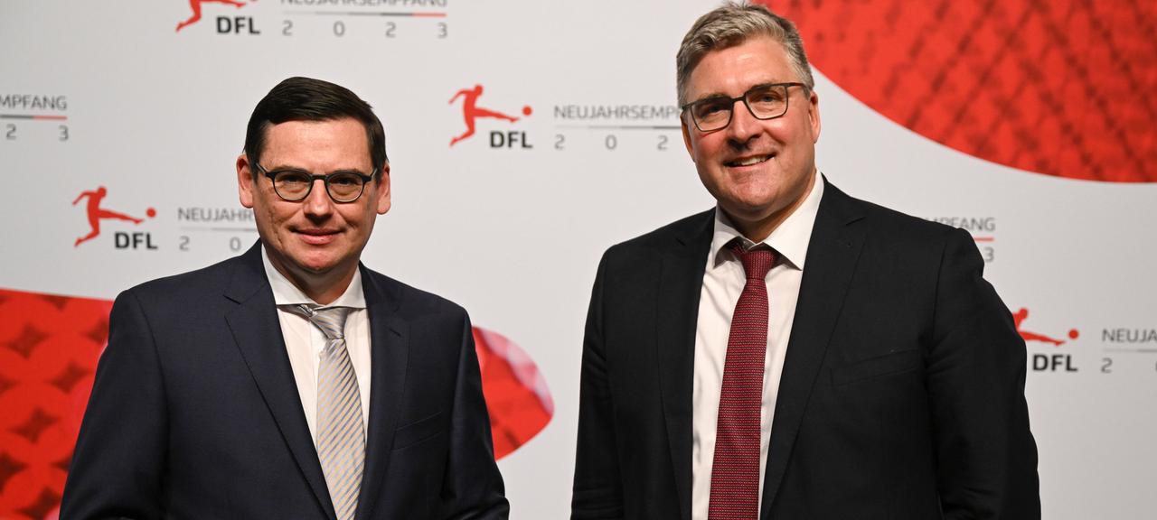 Die DFL Geschäftsführer Oliver Leki (l.) und Axel Hellmann
